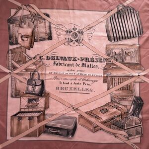 New in box!  Delvaux Pink Silk Scarf with Vintage Luggage Print NWOT